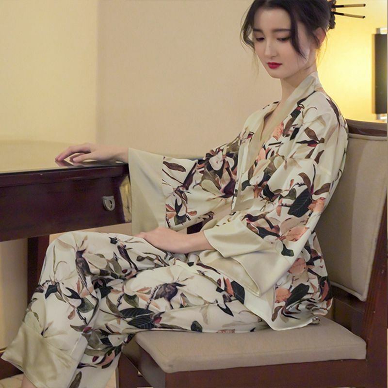 Pijama feminino de seda gelo de manga comprida, conjunto feminino de duas peças, estamparia estilo neo-chinês, novo para primavera e outono