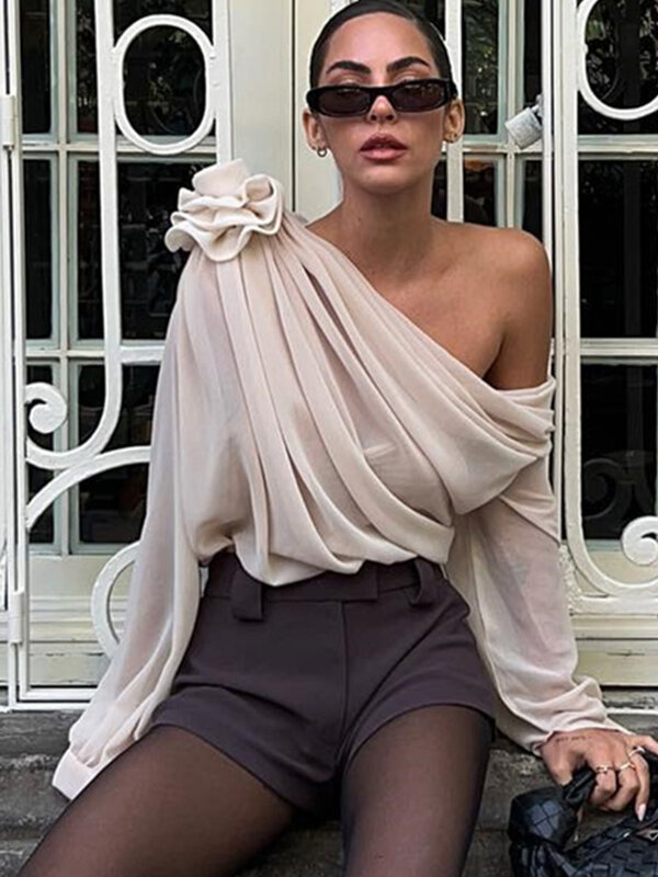 Byemylove Hang Schulter bluse asymmetrische kurz geschnittene Bluse Aprikose stapeln Hemden Frauen Top Herbst neue elegante Mode Bluse