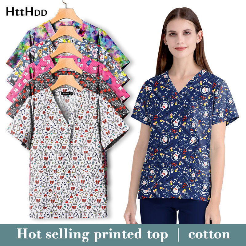 Hurtowe koszulki pielęgniarskie z krótkim rękawem szorujące nadrukowana moda szpitalne szorujące kobiety fartuch laboratoryjny czyszczenia odzieży pyłoszczelnej