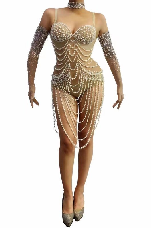 2023 Customized Tassels  Mesh Lace Transparent High Elastic Long Sleeved Pearl Sexy Tight Party Dress Stage Performance Dress