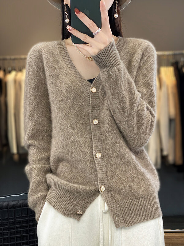 New Fashion Spring 100% Merino Wool Womens V-neck Cardigan Cashmere Sweater 2024 Female Clothing Grace Knitwear Korean Tops
