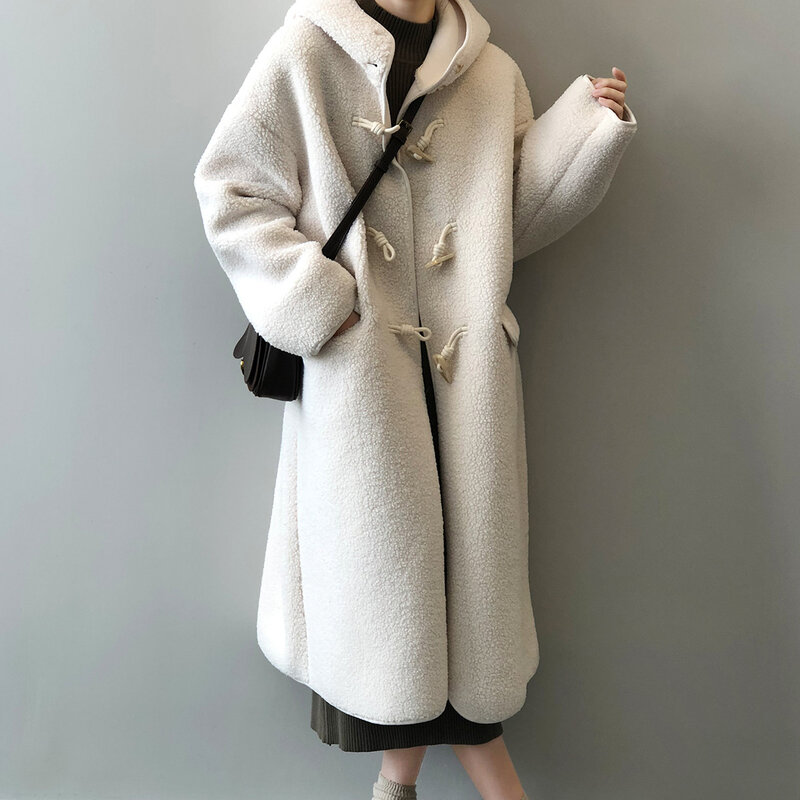 Женское зимнее меховое пальто, плотное теплое Свободное длинное пальто, женское однотонное пальто на пуговицах и карманах из рога, женские куртки, повседневное шерстяное пальто, зима 2023
