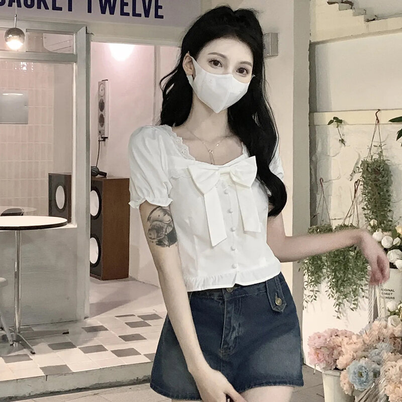 Gidyq Französisch quadratischen Kragen Kurzarmhemd Frauen Mode Patchwork Bogen Puff Ärmel Bluse Koreanisch alle passen Rüschen Tops neu