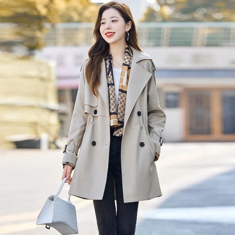 Тренчкот женский двубортный средней длины, ветровка в Корейском стиле, верхняя одежда, весна-осень 2023