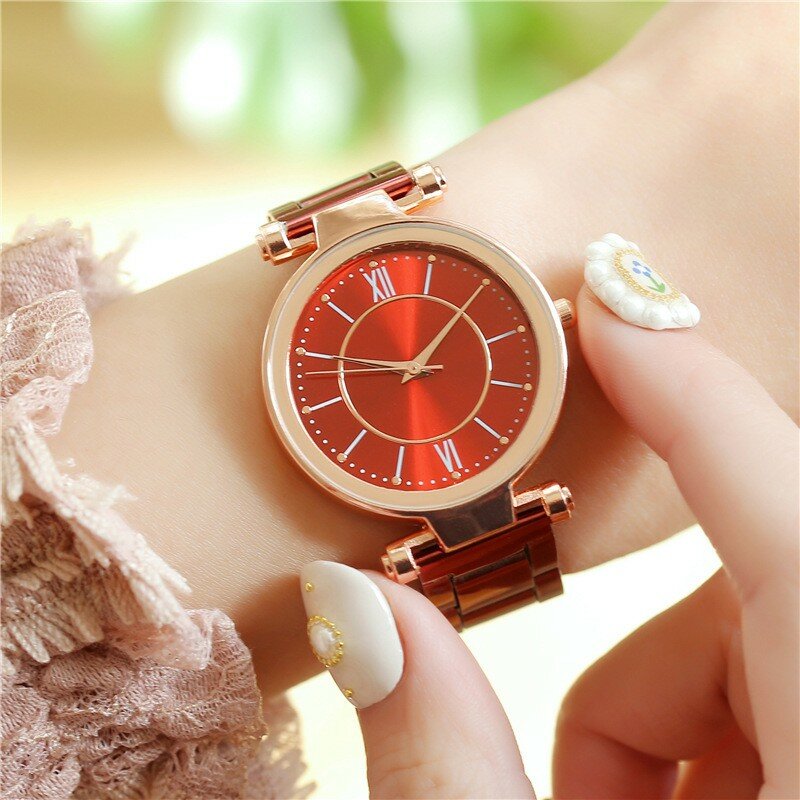 Женские кварцевые часы с ремешком из розового золота, со складной пряжкой