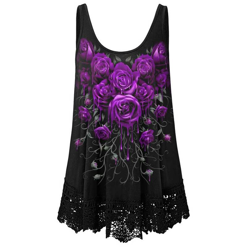 Plus Size PYL Hot Womens Floral Printed Sleeveless Tank Tops Vests Ladies Loose Lace Summer Vest Camisole Summer Holiday Beach