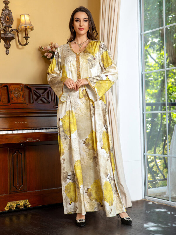 Gaun Satin Lebaran untuk wanita Abaya berlian cetak leher V Vestidos Largos Ramadan Muslim pesta gaun panjang sabuk Dubai jubah Jalabiya
