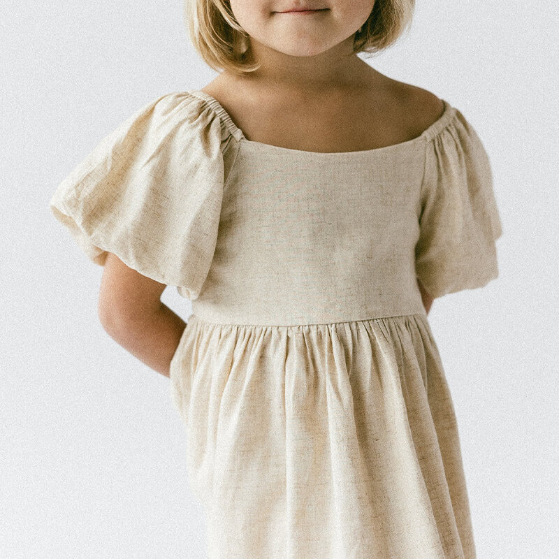 Vestido de lino con cuello cuadrado y manga de burbuja para niña, ropa informal plisada en la espalda, elástica, holgada, 2024