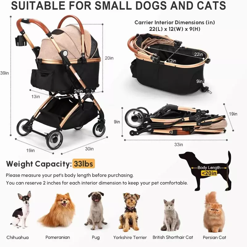 Przycisk dla psa wózek dla zwierzęcia bez zamka błyskawicznego z odpinanym bagażnikiem 3 w 1 składany wózek dla zwierzęcia dla małych psów i średnich kotów wózek samochodowy