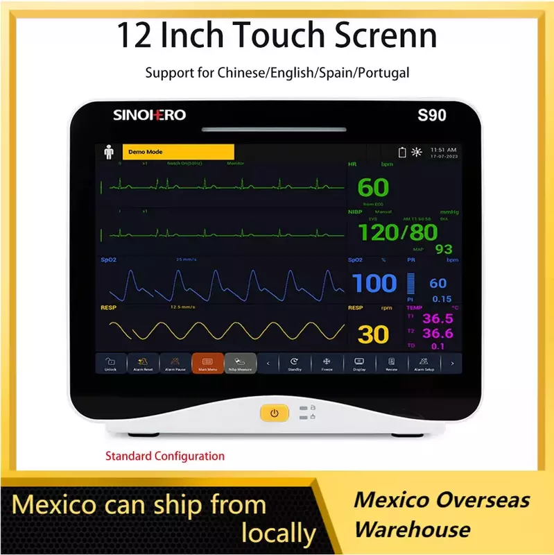 NEWS90-Monitor multiparámetros para pacientes, dispositivo con pantalla táctil de 12,1 pulgadas, UCI o ECG clínico, RESP, NIBP, SpO2, monitoreo de temperatura