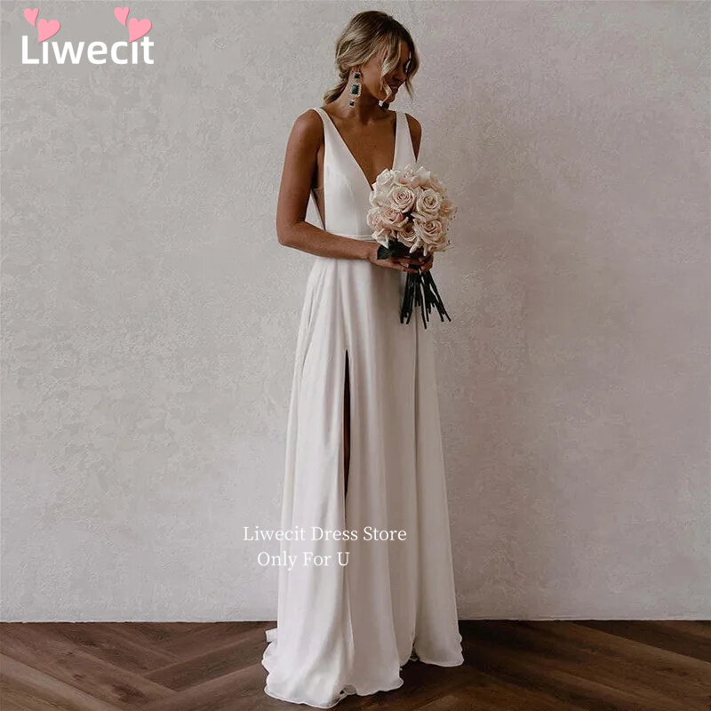 Женское шифоновое платье-трапеция Liwecit, простое свадебное плиссированное платье до пола с V-образным вырезом и открытой спиной