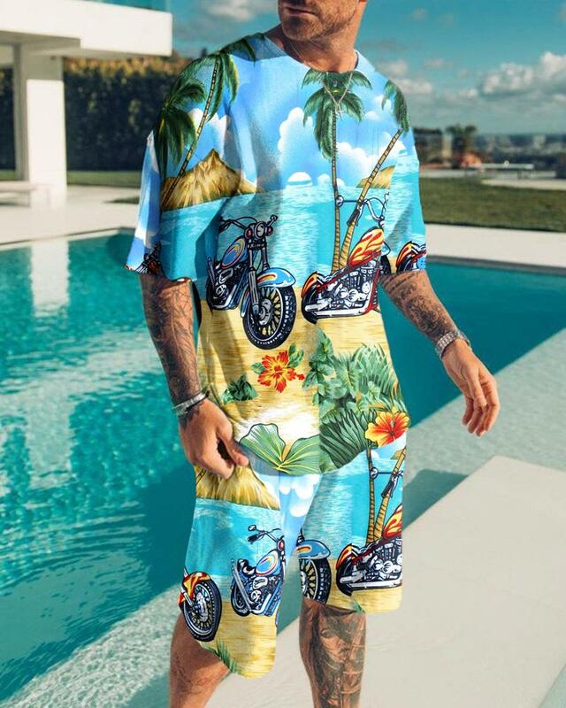 Hawajski dres męski sceneria plażowa z okrągłym dekoltem krótkie rękawy spodenki 2 częściowy strój sportowy modny t-shirt odzież męska garnitur Casual
