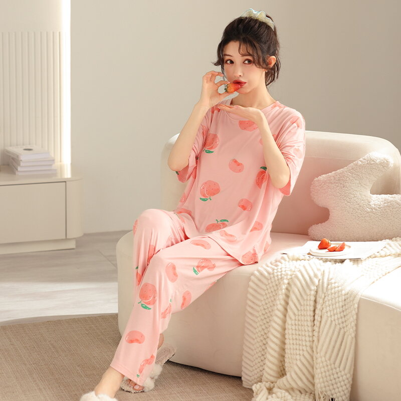 Pijama conjunto com almofadas no peito para mulheres, top de manga curta + calça, agasalho casual, estampa adorável, sleepwear, colar redondo, verão