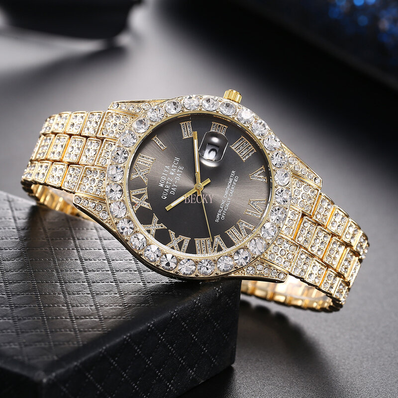 Orologio da uomo di lusso orologio da uomo in acciaio inossidabile di alta qualità stile data orologio al quarzo da uomo d'affari con strass impermeabile Unisex