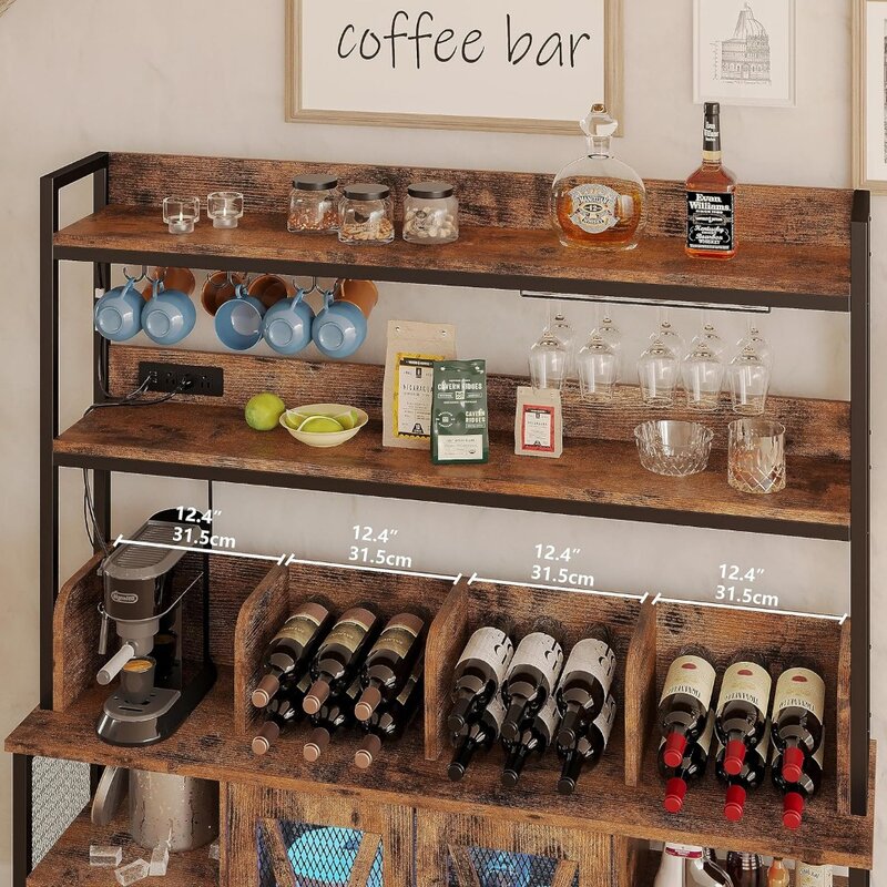 IRONCK-armario de barra de café con toma de corriente, gabinete de Buffet Industrial con tira LED y soporte de vidrio, armario de licor de 3 niveles