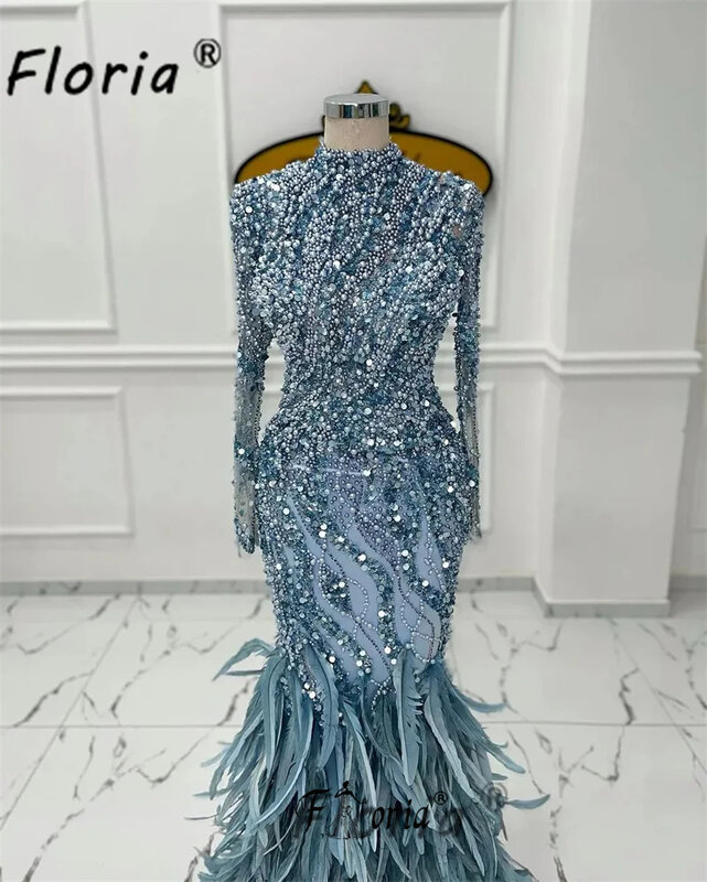 Luxus voll Feder Perlen formelle Abendkleider Dubai Frau lange Ärmel Meerjungfrau besonderen Anlass Kleid Hochzeits feier Abschluss ball Roben