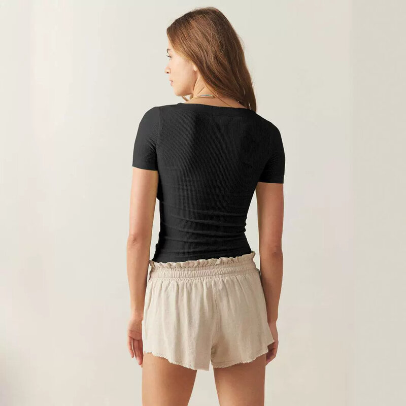 Женская Облегающая рубашка с коротким рукавом, однотонная привлекательная Облегающая рубашка с нитью, лето 2024