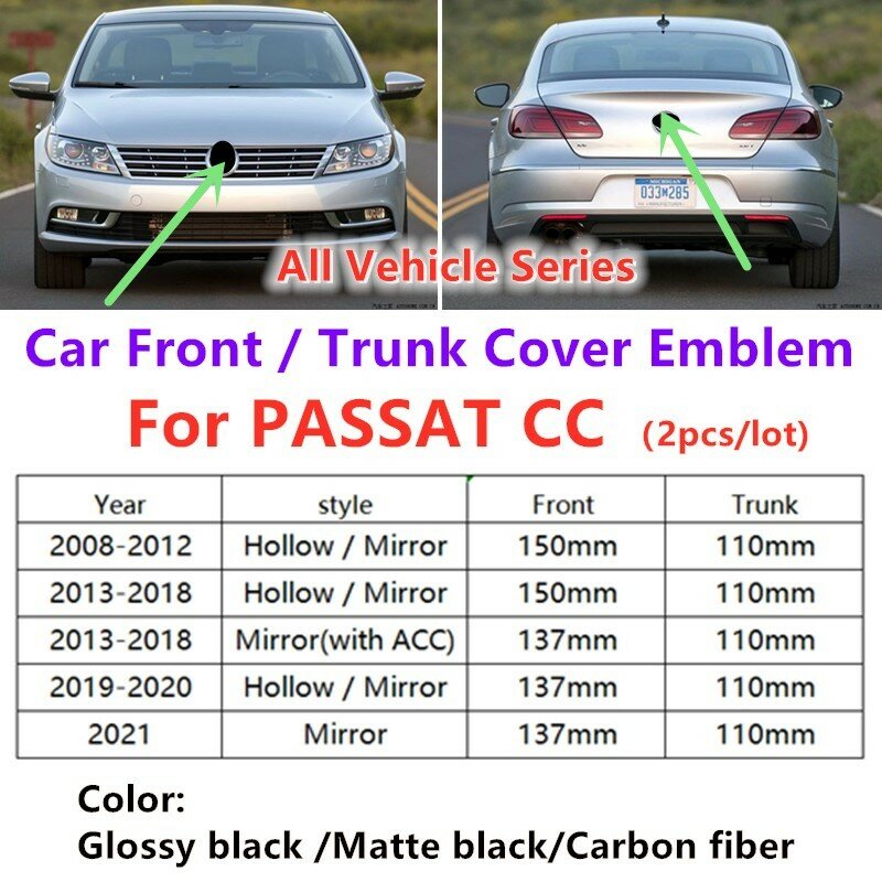 Emblema dianteiro e traseiro do carro adesivo, tampa de adesivos para Passat CC 2008-2012 2013-2018 2019-2020 2021, acessórios do carro, 2 peças por conjunto