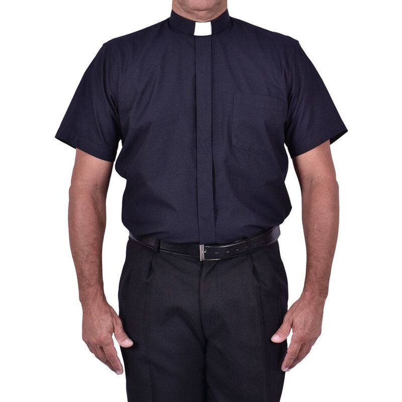 Camisa de manga corta de clero para hombre, Tops negros, cuello de lengüeta romana, Pastor, clérico, preecador, secretaria, sacerdote, disfraz, ropa clórica