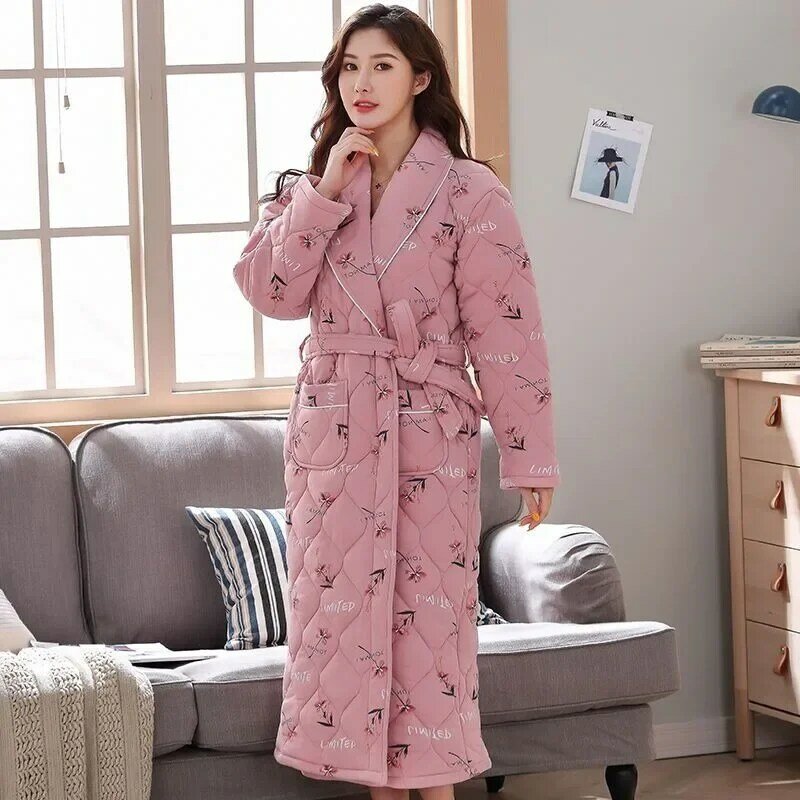 2024 New Pajamas Winter Dressing Gowns Pure Cotton Robes Three-layer Cotton Jacket Loungewear Set Thickened Nightwear Women