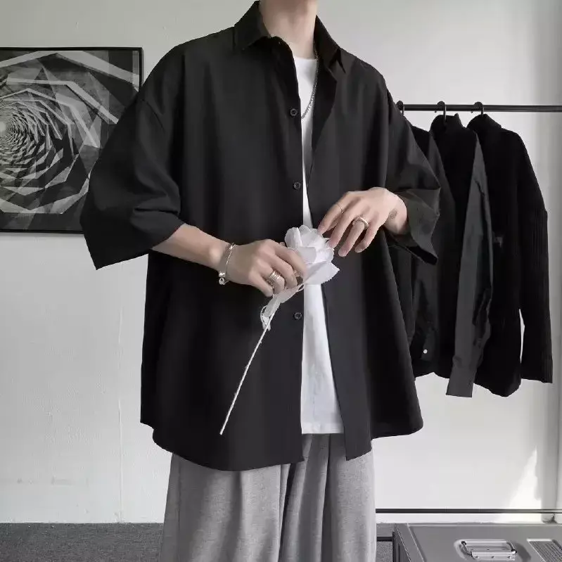 Harajuku preto e branco simples de manga curta masculina drapeado, outwear solto com todos os fósforos, estilo coreano, plus size, S-3XL, verão