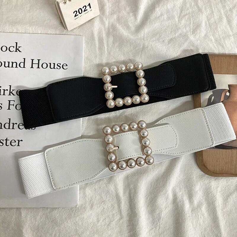 Cinturón de cuero PU con perlas de Metal para mujer, con hebilla pretina, banda elástica para la cintura, estilo Ins, Túnica, vestido, accesorio decorativo