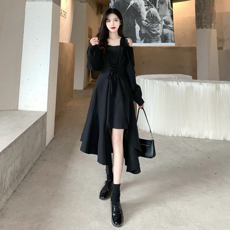 ชุดย้อนยุคสำหรับผู้หญิงวันหยุดสีดำอินเทรนด์ไม่สม่ำเสมอ All-Match Vestidos ฤดูใบไม้ร่วงออกแบบผ้าพันคอลำลอง Ins สไตล์ฝรั่งเศส