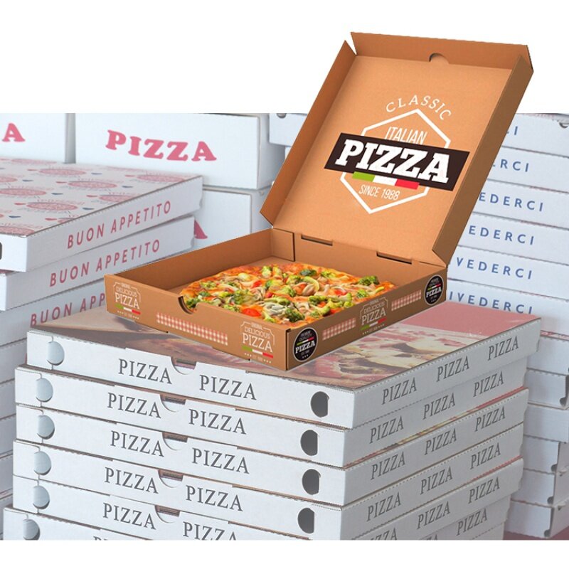 맞춤형 제품 인쇄 대량 일회용 에코 화이트 크래프트 식품 용기, 프렌치 프라이 버거 피자 박스, 9 인치, 12 인치, 16 인치, 18 인치