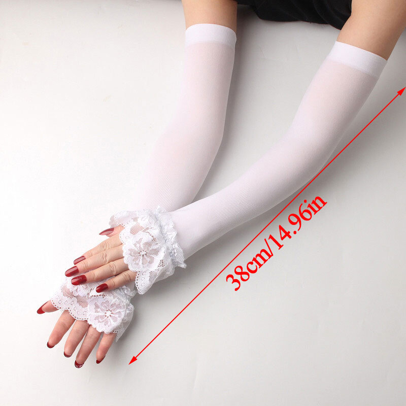 Sarung tangan wanita panjang tanpa jari, pelindung lengan renda seksi lengan elastis berkendara tipis nyaman musim panas