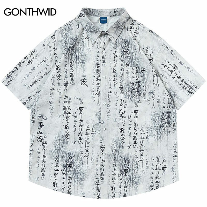 Hip Hop Oversized Hawaiian Shirts Streetwear Chinese Poetry Print Short Sleeve Button Up Blouse 2024 Harajuku Summer Beach Tops