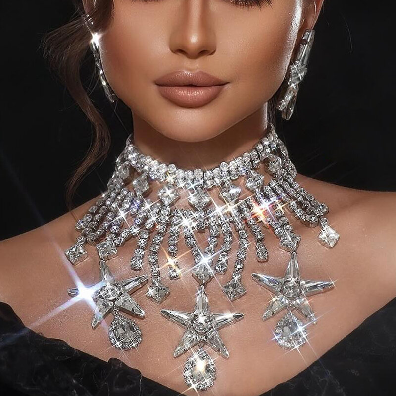 Stonefans kalung Choker bintang berlebihan perhiasan kalung berlian imitasi wanita tetesan air dramatis hadiah anak perempuan