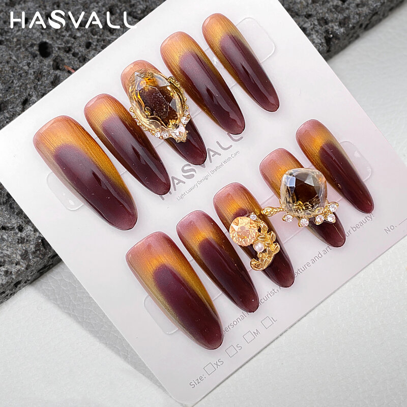 HASVALL Brown Press on Nails Extra Long Oval Handmade Jelly Gel Cat Eye Fake Nail Kit Glitter Reusable Acrylic Stick on Nail Kit