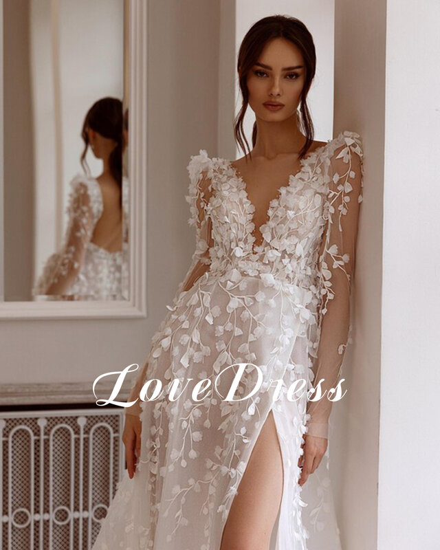 LoveDress-vestido de novia transparente con cuello en V profundo, ropa de manga larga con encaje dividido, estilo bohemio, espalda descubierta