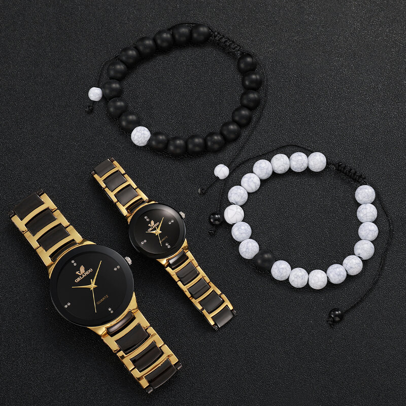 Aço inoxidável relógio e pulseira Beads Set, Moda Casal, 4pcs por conjunto
