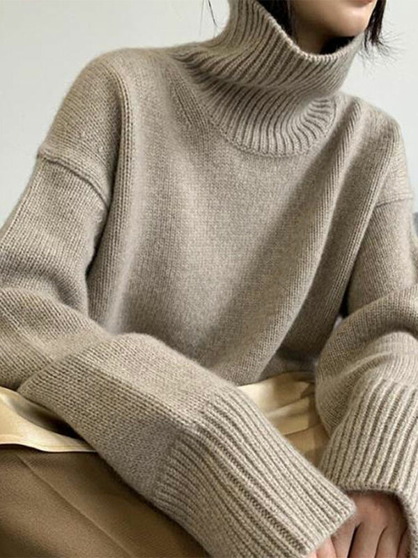 Suéter de gola alta de caxemira feminino, pulôver feminino de malha, malha grossa solta, rua, outono, inverno, 2023