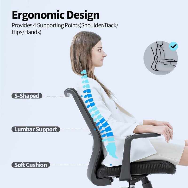Desk Chair, Ergonomic Office Chair with Movable Cushion Lumbar Support, Mesh Chair with Fixed Armrest and PU Wheels Tilting