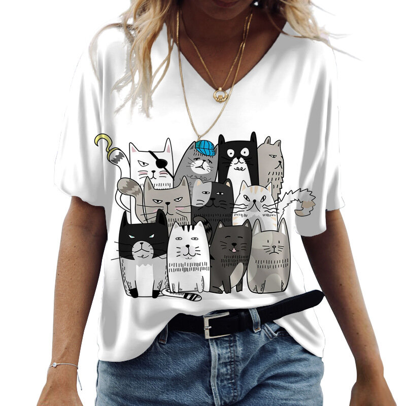 T-shirts femininas de decote em v gatos bonitos gráficos impressos manga curta topos verão kawaii moda casual t streetwear roupas femininas