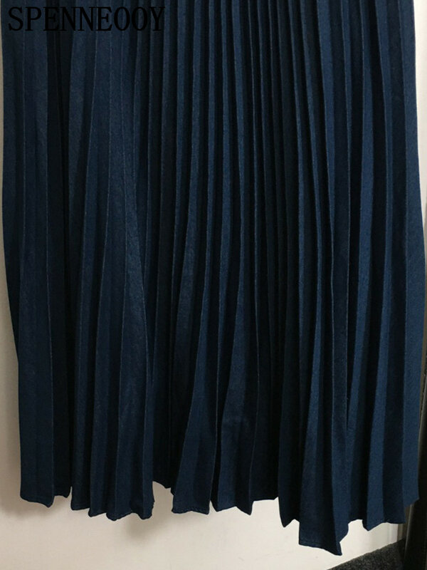SPENNEOOY Fashion Runway Summer Dark Blue Color Elegant Midi Skirt Women's Solid Color Slim A-Line Pleated Long Skirt