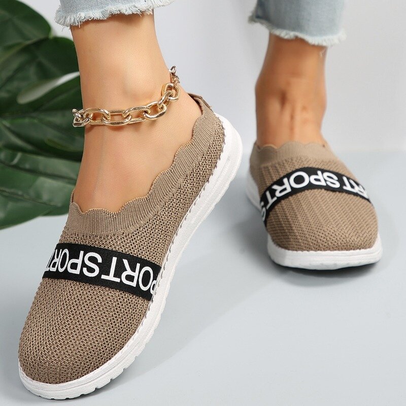 Mesh Knitted Letter Printed Fashion Breathable Flat Bottomed Comfortable Casual Sports Shoes Stretchy Zapatillas De Mujer