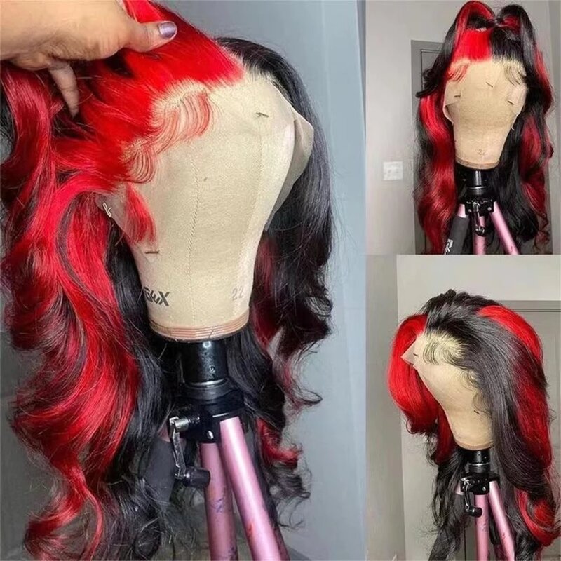 Хайлайтер красный с черной кружевной передней крышкой парик человеческие волосы Омбре цвет бразильский тело волнистый кружевной передний парик предварительно выщипанный для женщин