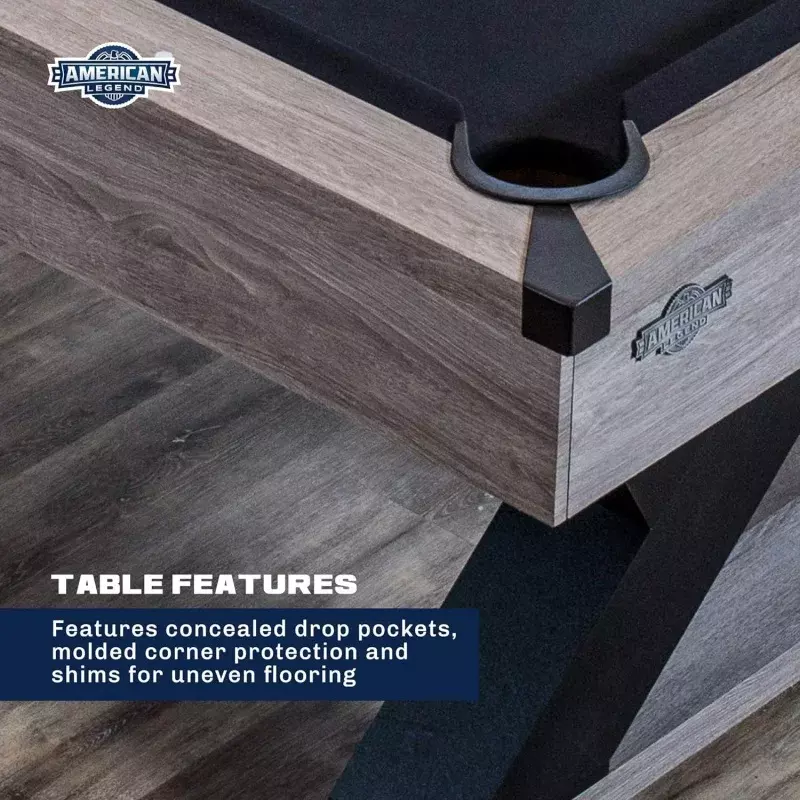 アメリカの凡例の木製ビリヤードテーブル、90インチ、素朴な仕上げ、k字型の脚と黒の生地、茶色