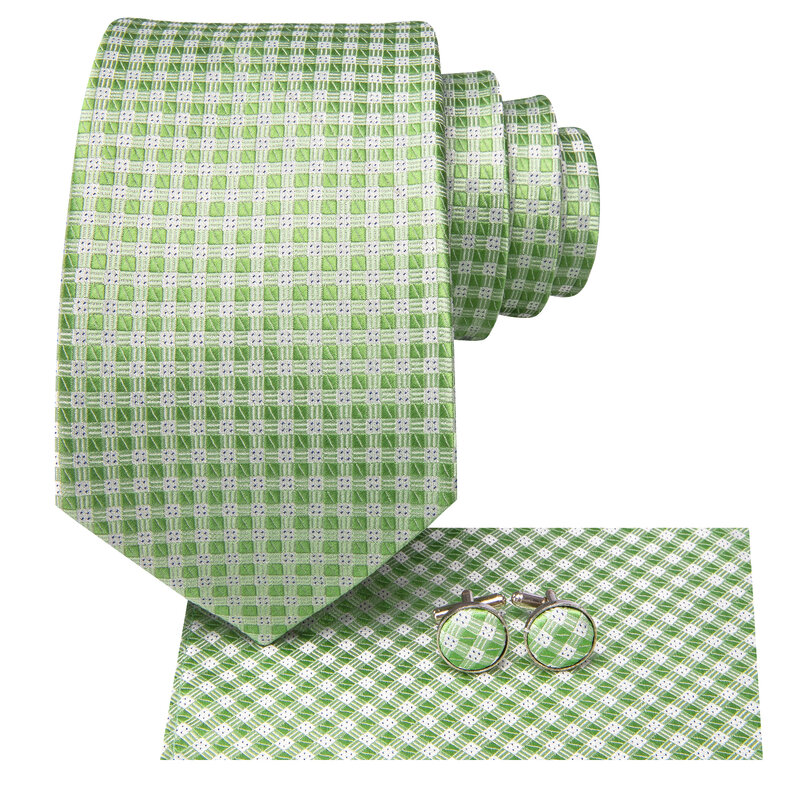 Hi-Tie Plaid Design Sage Green Elegant Men Tie Jacquard Necktie Accessory Cravat Wedding Business Party Hanky Cufflink Wholesale