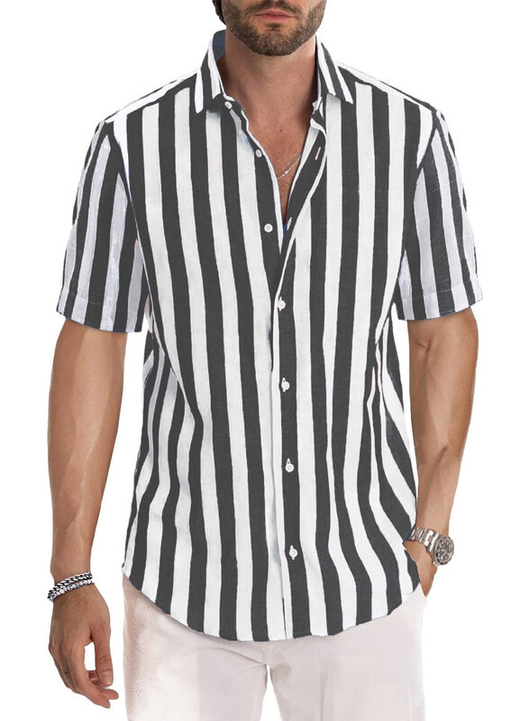 Лето 2024, мужская пляжная Повседневная рубашка в европейском и американском стиле, окрашенная в пряжку, в полоску, с отворотом и короткими рукавами