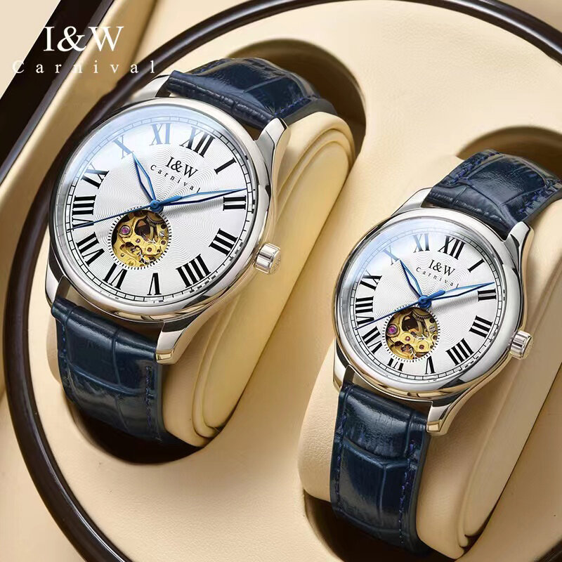 Merek karnaval IW jam tangan mekanik kekasih gerakan MIYOTA mewah untuk pria wanita jam tangan pasangan berongga safir kulit biru modis