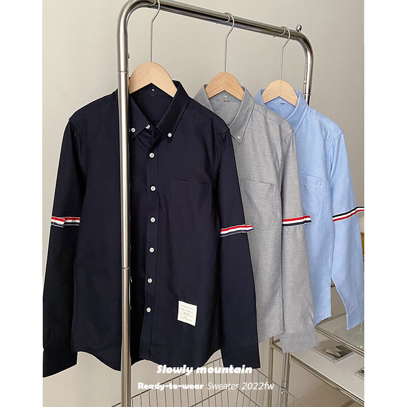 High Quality Korean Style Tide Brand TB Ribbon Four-Bar Blue Shirt Women Oxford Cotton Leisure Long Sleeve Spring Couple Shirt