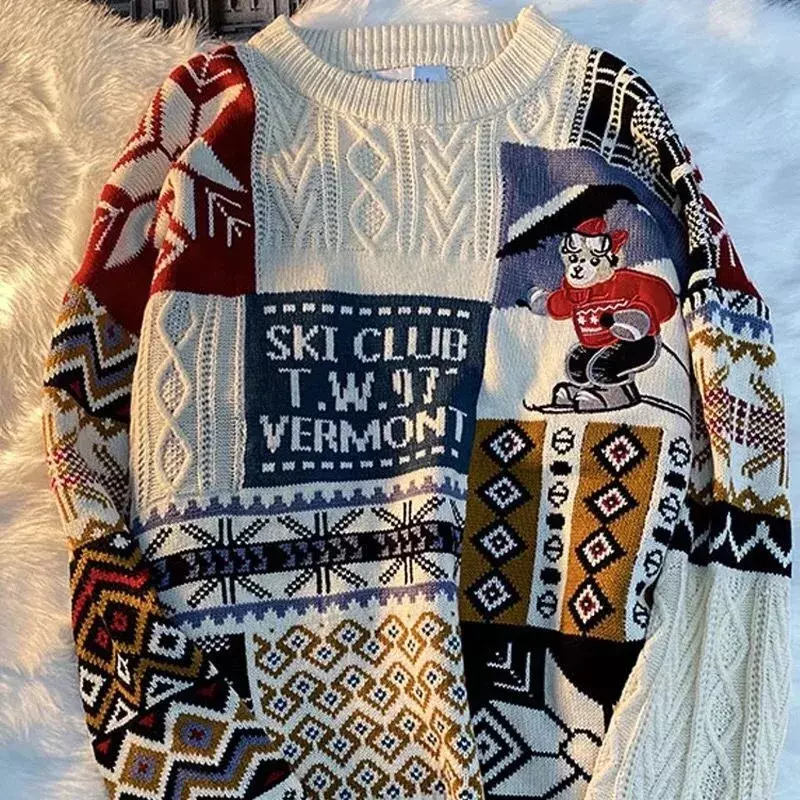 Bożonarodzeniowy wiatr portowy sweter retro niedźwiedź Y2K uliczny pogrubiający leniwy wiatr luźne, jesienne i zimowi miłośnicy wełniane ubrania fali