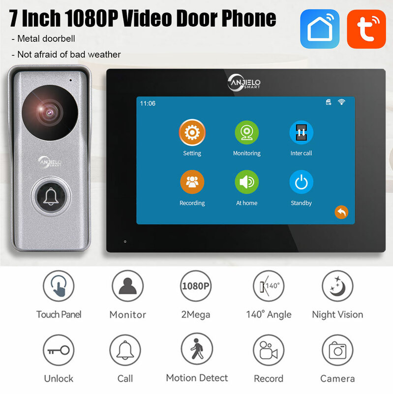 1080P Tuya Smart Wifi videocitofono per il sistema di citofono dell'appartamento per campanello domestico in metallo 7 pollici 10 Touch Screen