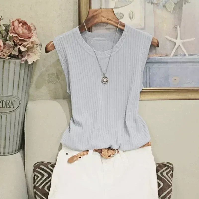 Blusa sin mangas para mujer, camisa de punto con cuello redondo, ropa de verano, C853, 2024