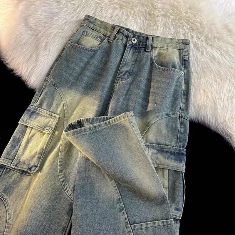 Celana Jeans longgar kasual pria, celana Hip Hop jalanan tinggi Retro mode Harajuku baru musim semi/Panas 2024