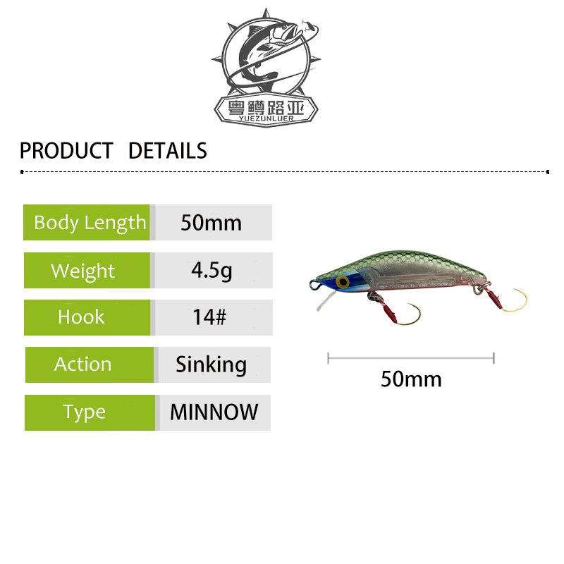 1Pcs Japanese Sinking Minnow 4.5g 50mm Fishing Lures Wobblers Trout Artifical Hard Bait Bass Pesca Crankbait Pike Fishing Tackle